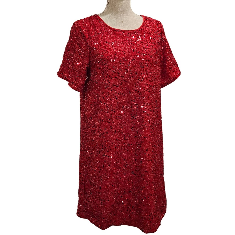 Red Sequin Short Sleeve Tunic Dress Women's Size M Party Christmas Sparkle Shein